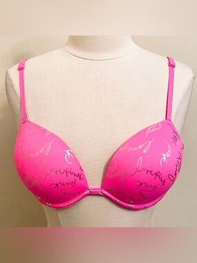 Pink Victoria’s Secret Super Push Up Hot Pink Silver Logo Underwire Bra Size 36B